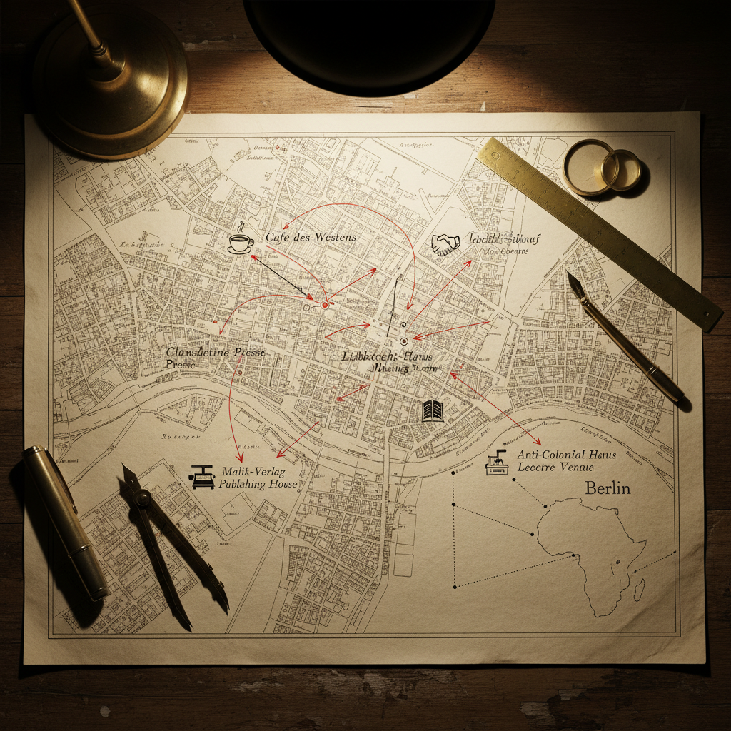 A close-up of a meticulously drawn, sepia-toned 1920s Berlin city map spread across a drafting table, annotated with delicate red and black ink markings that trace routes of anti-colonial networks: arrows between cafés, publishing houses, and meeting rooms, small icons representing clandestine print shops and lecture venues. A brass compass, ruler, and fountain pen rest along the map’s edges, their metallic surfaces catching the light. A faint outline of the African continent is sketched into the margin, linked to Berlin by dotted lines. Directional light from a single angled desk lamp creates dramatic, focused illumination, emphasizing relief in the paper and slight warping at the edges. Photographic realism, top-down composition with sharp focus, generating an atmosphere of strategic planning, secrecy, and intellectual cartography.