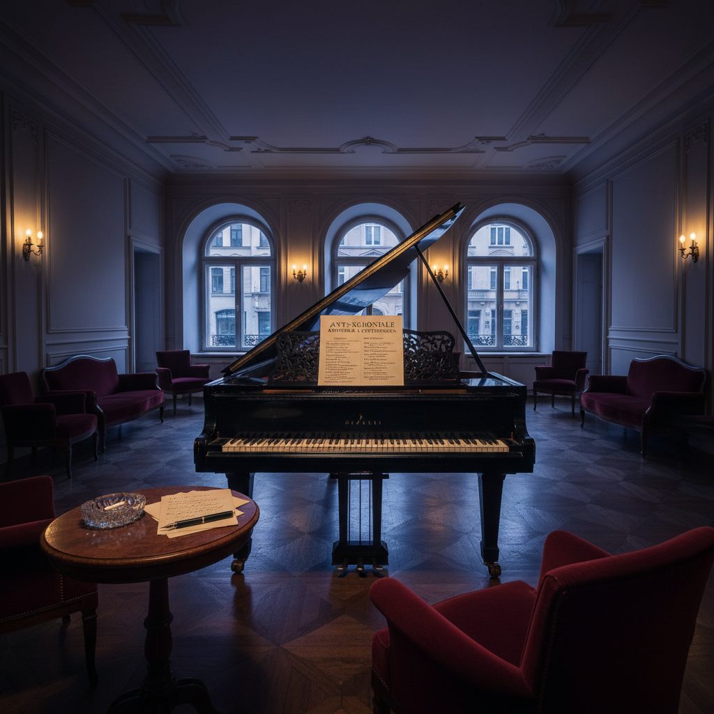 An elegant 1920s Berlin salon interior, empty of guests, where dark polished parquet flooring reflects the subtle sheen of a black grand piano whose lid is propped open, revealing gleaming strings. On the music stand, a printed program references anti-colonial lectures and performances. Velvet-upholstered chairs in deep burgundy form a semicircle, and on a side table, a crystal ashtray rests beside annotated manuscripts and a fountain pen. Warm ambient light from wall sconces blends with a faint, cool dusk glow seeping through tall windows, creating layered shadows across the ceiling moldings. Photographic realism with a cinematic, slightly wide-angle lens at eye level, capturing the refined yet subversive atmosphere of an intellectual gathering space where radical ideas circulate beneath a cultivated, sophisticated surface.