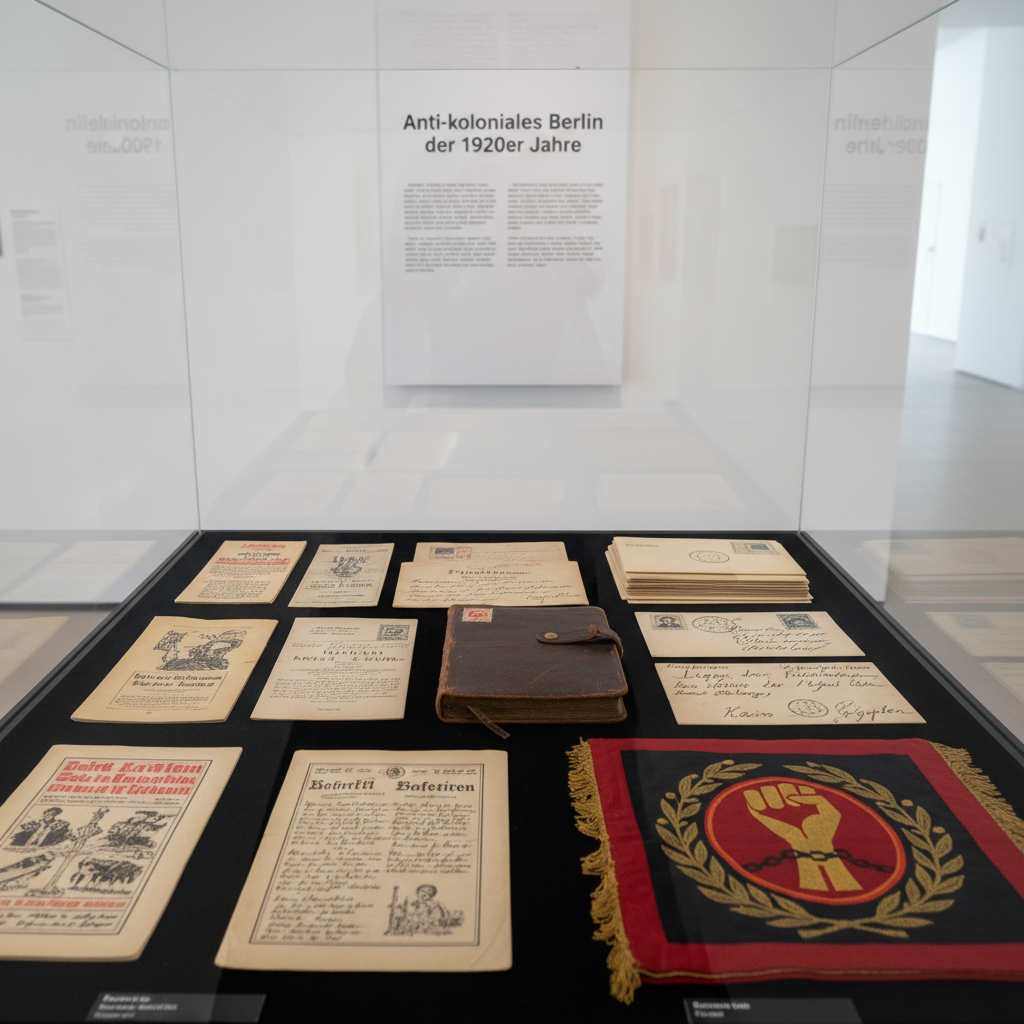 A carefully curated museum-style display case set in a minimalist contemporary room, containing authentic-looking 1920s Berlin anti-colonial artifacts: faded pamphlets, postage-stamped envelopes addressed to liberation movements abroad, a well-worn leather notebook with handwritten notes, and a folded banner in red, black, and gold with a small anti-imperial emblem. The glass of the case reflects subtle architectural details of a clean white gallery wall behind it, where a discreet placard titled “Anti-koloniales Berlin der 1920er Jahre” provides context. Soft, even gallery lighting eliminates harsh shadows, creating a calm, reflective mood. Photographic realism with a slightly lowered camera angle focusing through the glass, crisp detail on paper textures and ink, and a shallow depth of field that blurs the gallery edges, evoking scholarly precision and quiet reverence.