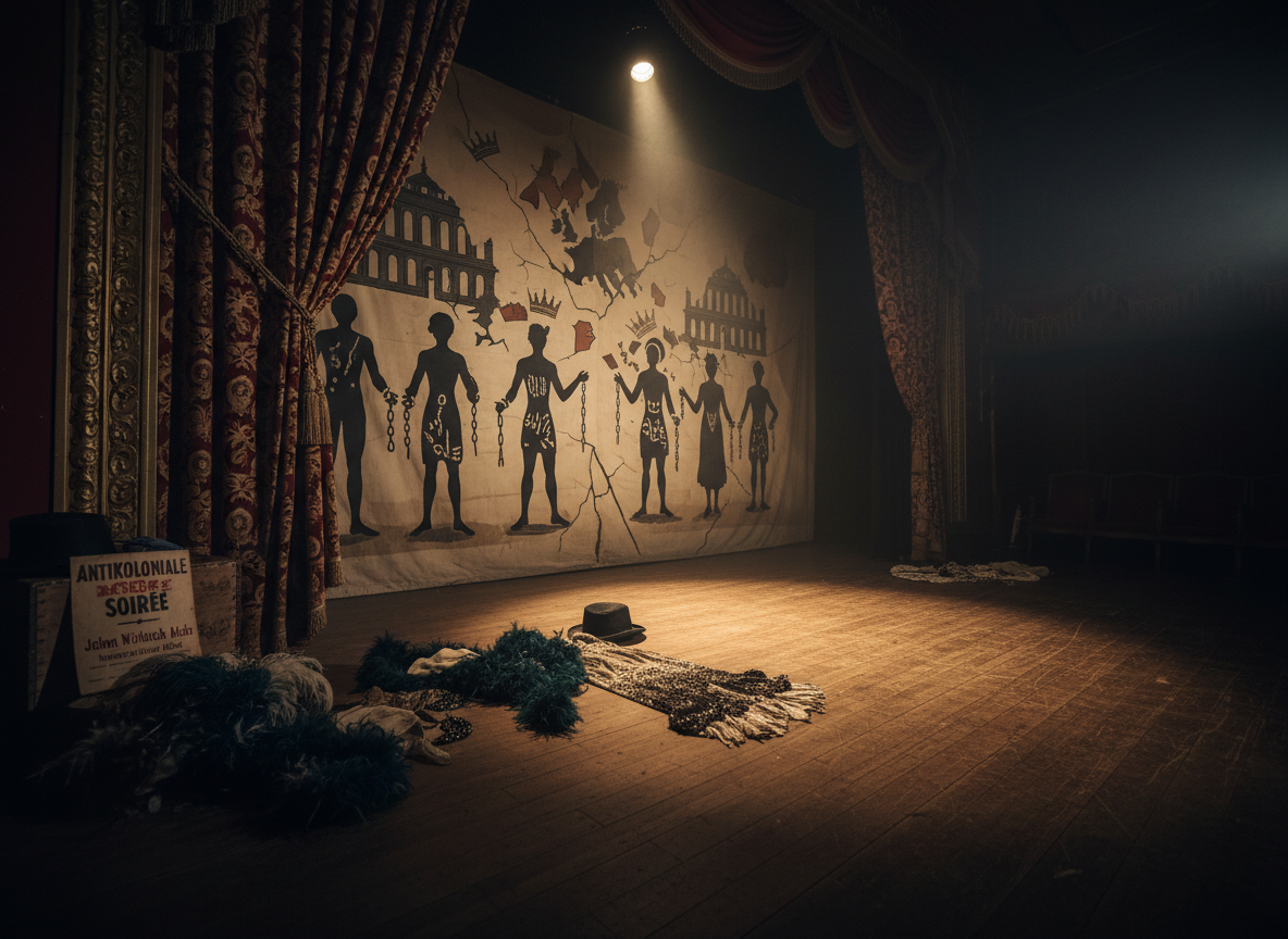 The interior of a smoky 1920s Berlin cabaret stage after closing, empty yet charged, with a richly patterned curtain partially drawn aside to reveal a large hand-painted backdrop depicting Europe confronting its colonies, reimagined critically with broken chains and de-centered empires. Feathered props and sequined garments lie discarded on the wooden floor near a small poster advertising “antikoloniale Soiree.” A single overhead spotlight remains on, casting a stark pool of light that illuminates dust in the air and creates deep, dramatic shadows along the stage boards. Photographic realism from a low-angle, wide shot that emphasizes depth toward the darkened audience seats, conveying a mood that is both glamorous and subversive, where performance and politics interweave in an uneasy, sophisticated tension.