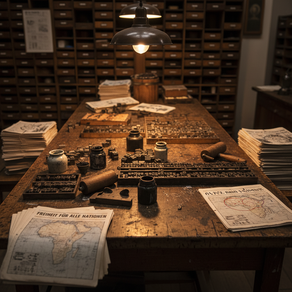 A large wooden table inside a 1920s Berlin print shop, its scarred surface covered with neatly arranged metal type blocks, inkwells, and freshly printed pamphlets bearing bold, anti-colonial headlines in German, Arabic, and other scripts. Stacks of newspapers form textured columns at the edges of the frame, some featuring maps of Africa and Asia annotated with critical notes. Warm tungsten workshop lamps hang low, creating concentrated pools of light that highlight the ink’s slight sheen and cast intricate shadows from the type blocks. The background fades into soft blur, revealing towering shelves filled with labeled drawers. Photographic realism, shot from a slightly elevated angle with shallow depth of field, emphasizing materiality, quiet intensity, and the intellectual labor of resistance in a calm yet charged atmosphere.