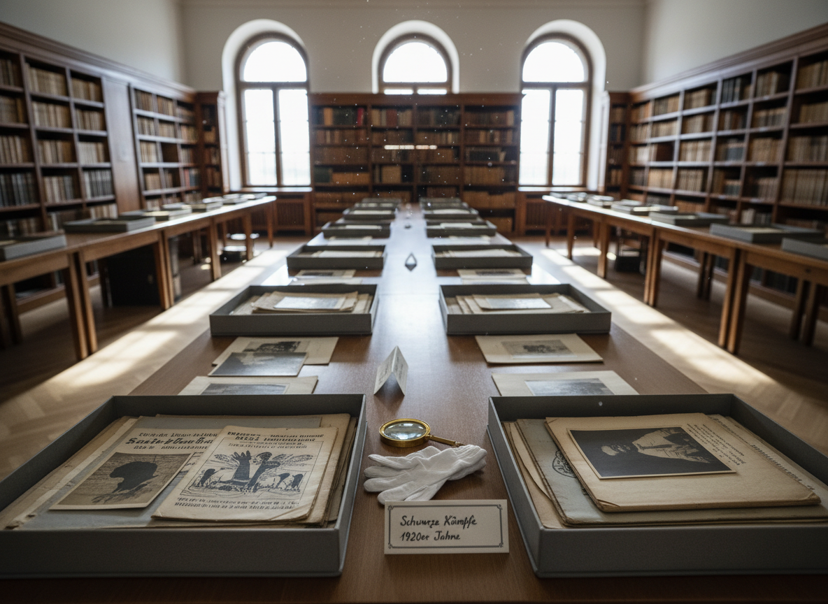 An archival reading room in Berlin, styled in 1920s aesthetics yet captured in the present, where long wooden tables are covered with open boxes of fragile documents, anti-colonial pamphlets, and yellowed photographs carefully obscured or turned away from the camera to avoid any faces. Cotton gloves rest beside a magnifying glass and a small card labeled “Schwarze Kämpfe, 1920er Jahre.” Large windows let in diffused, silvery daylight that gently floods the room, highlighting dust motes and the fiber of old paper. Photographic realism using an eye-level, symmetrical composition down the central aisle, with sharp focus in the midground and slight blur at the far shelves. The atmosphere is hushed, analytical, and reverent, evoking meticulous research into hidden histories.