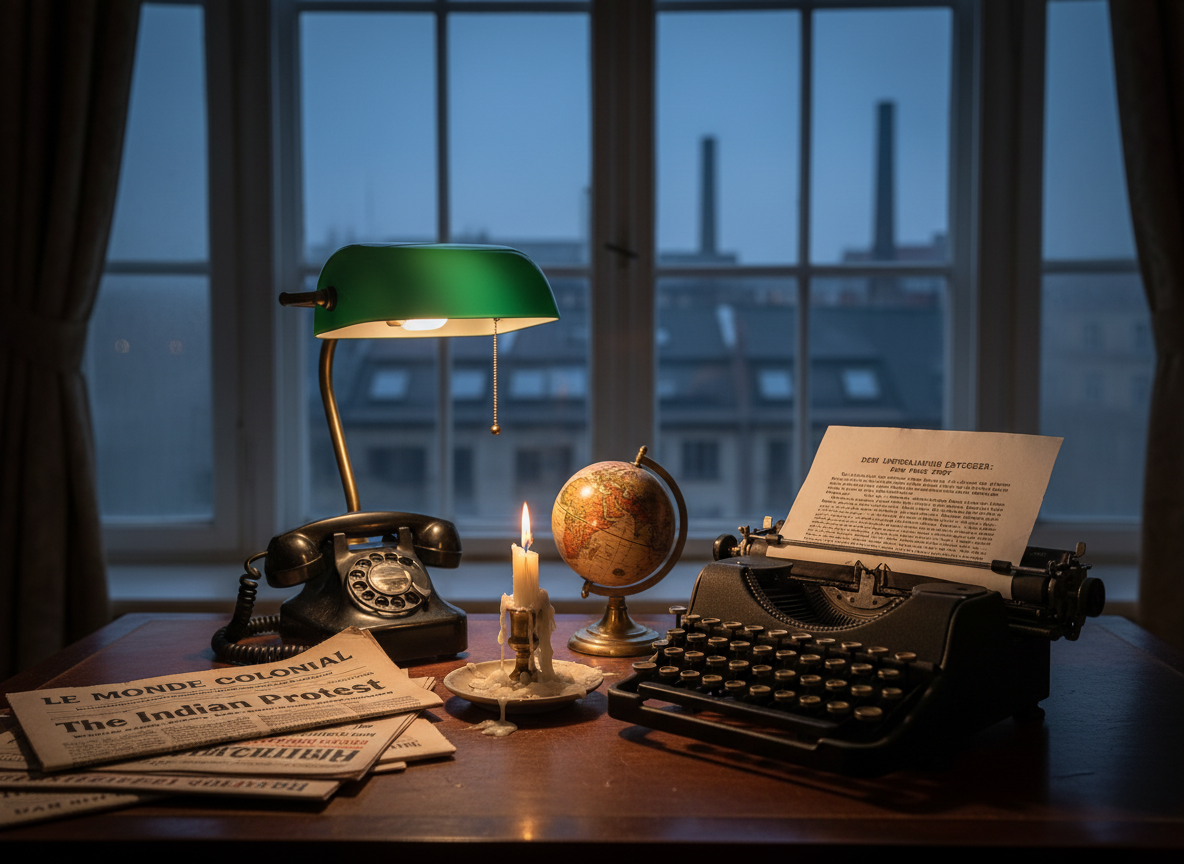 A richly textured still life on a dark wooden desk by a tall 1920s Berlin window, featuring a black rotary telephone, an open typewriter with a half-finished anti-colonial article in German, and a carefully placed stack of international newspapers critiquing empire. A small brass globe turned toward Africa and Asia sits beside a smoldering candle, its wax slowly pooling onto a ceramic saucer. Outside the slightly fogged window, only blurred city rooftops and a hint of factory chimneys are visible. Late-evening blue light seeps in, contrasting with the warm, localized glow of a desk lamp that casts soft, elongated shadows. Photographic realism at a three-quarter angle, with selective focus on the typewriter keys, producing an intimate, contemplative, and slightly tense atmosphere of clandestine writing and global awareness.